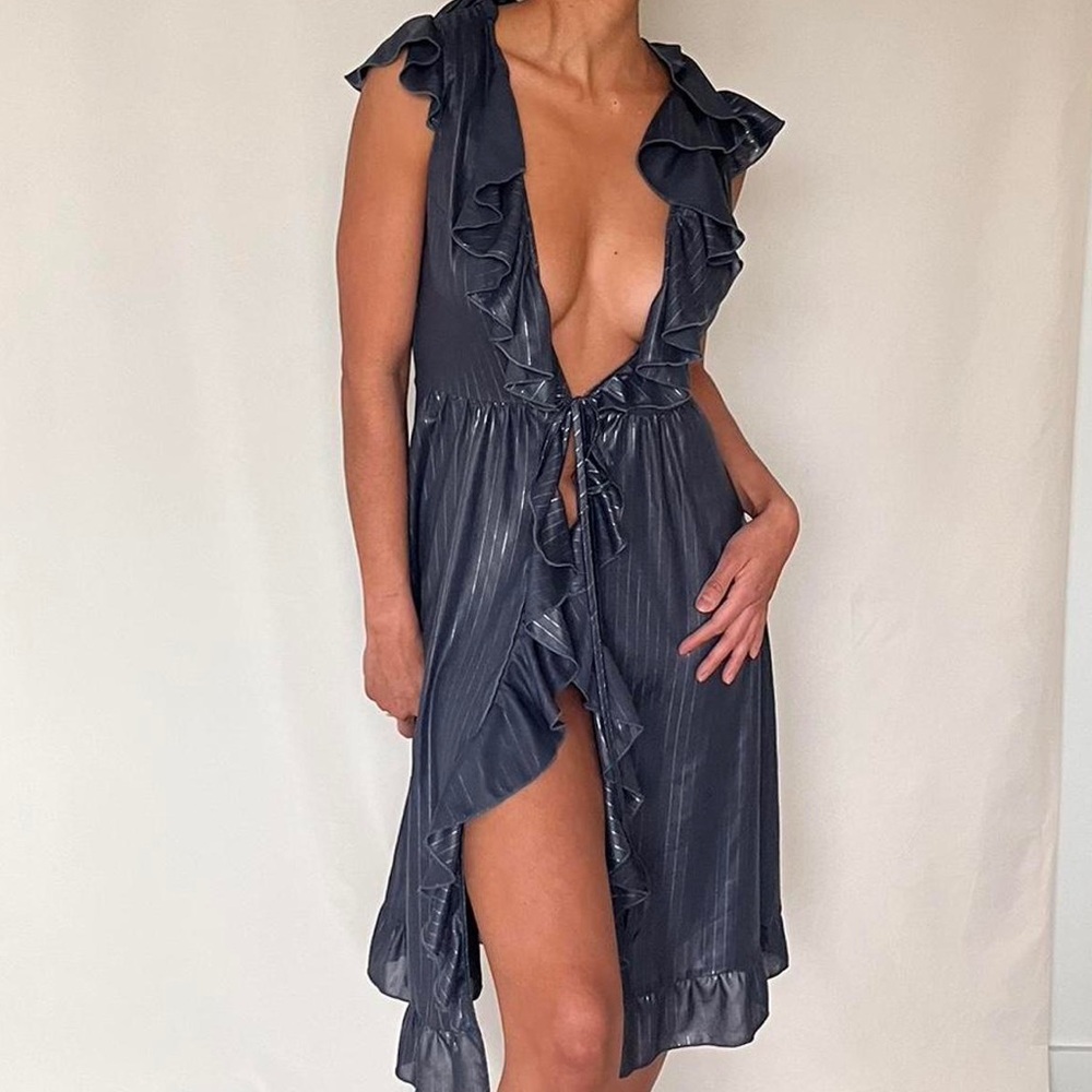 Victoria's Secret Shimmering Slate Blue Striped Ruffle Intimates Robe Size XL - Picture 2 of 13